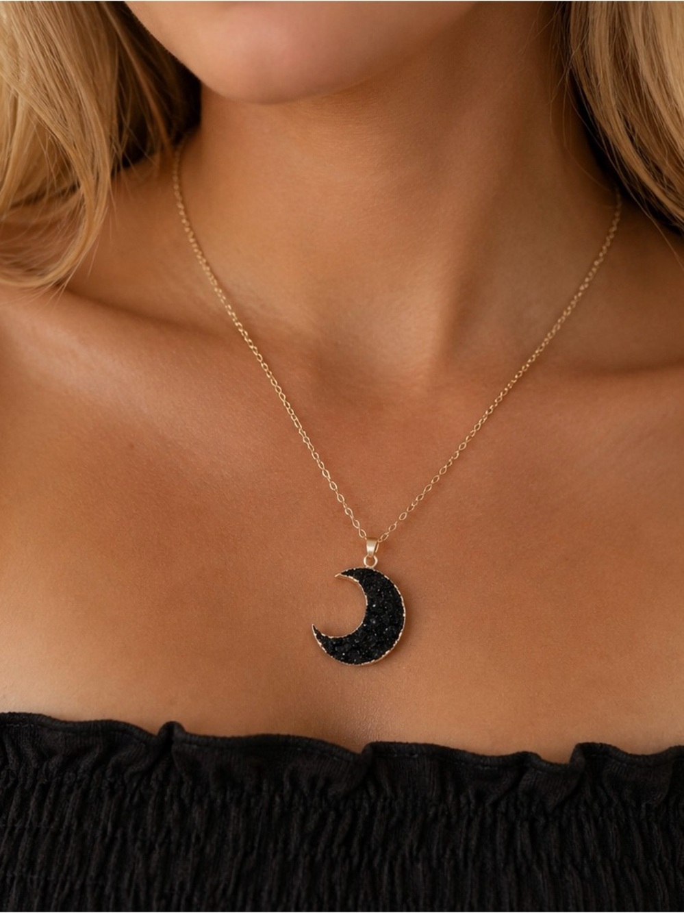 Delicate Black Gold-Tone Crescent Moon Pendant Necklace
